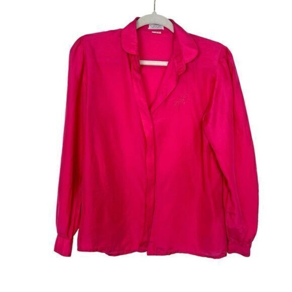 YAYA Silk Blouse Womens Medium Fuchsia Long Sleeve Sheer Collar Button Up Shirt